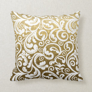 Gold brocade, white damask floral pattern throw pillow