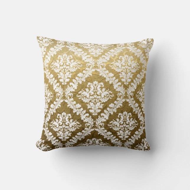 Gold brocade, white damask pattern throw pillow (Front)