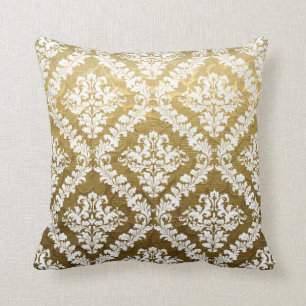 Gold brocade, white damask pattern throw pillow