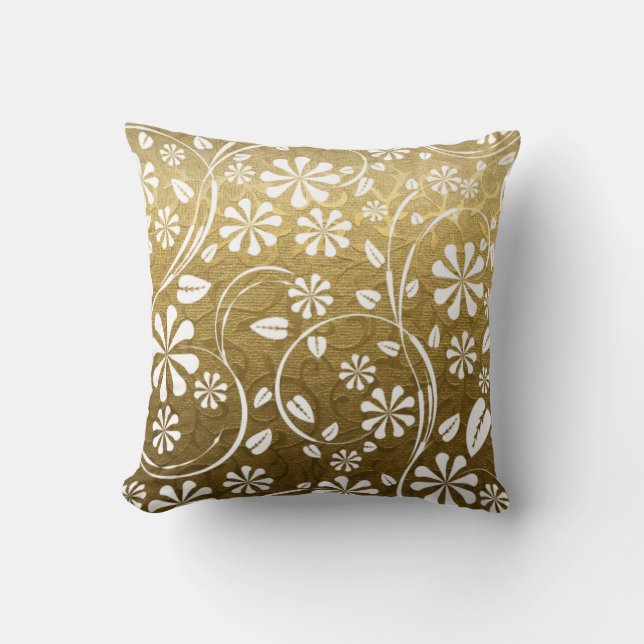 Gold brocade, white floral pattern throw pillow (Front)