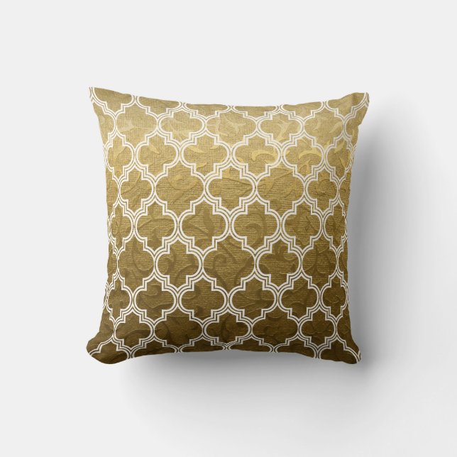 Gold brocade, white quatrefoil pattern throw pillow (Front)