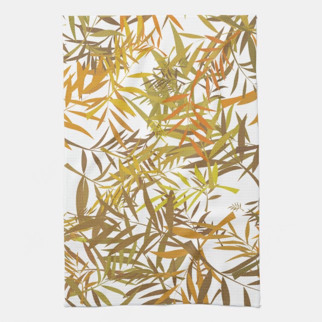 Gold Bronze and Brown Willow Leaves Kitchen Towel (Vertical)