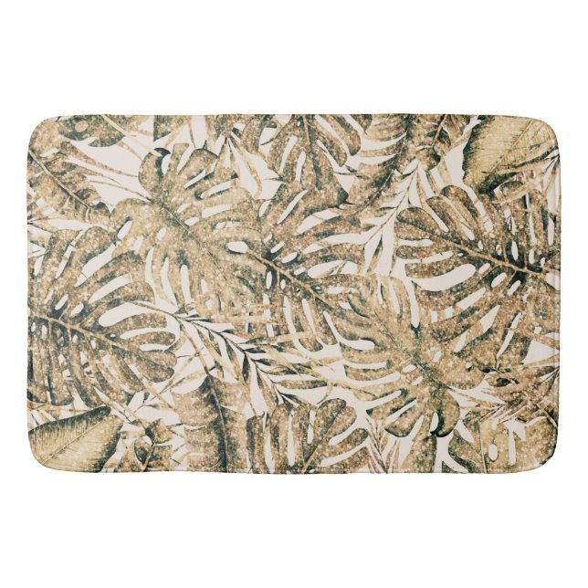 Gold Bronze Glitter Tropical Palm Leaves Island Bath Mat (Front)
