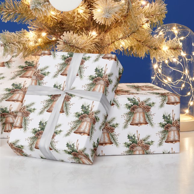 Gold Bronze White Christmas Bells Wrapping Paper (Holidays)