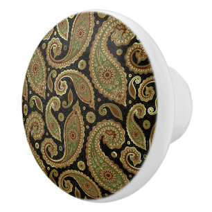 Gold Brown And Green Pastel Tones Vintage Paisley Ceramic Knob