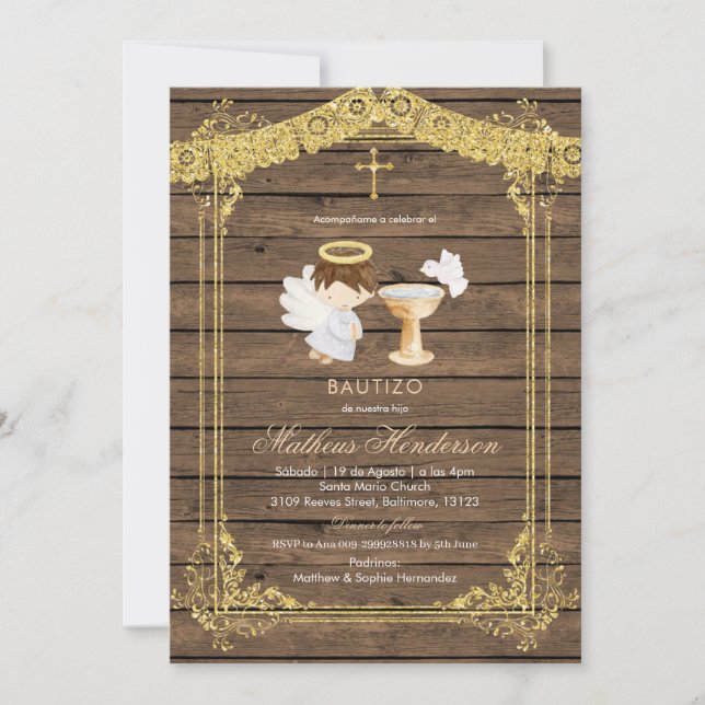 Gold Brown Boy Mexicain Baptême Invitation (Devant)