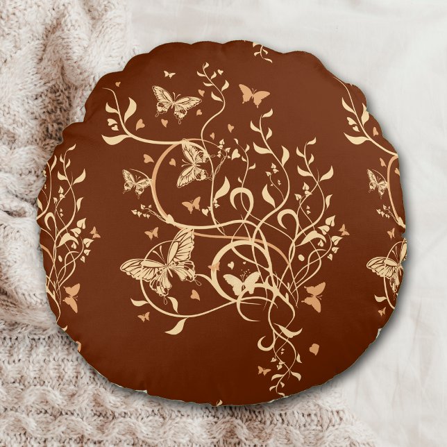 Gold Brown Butterfly Swirl Round Pillow (Creator Uploaded)