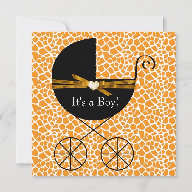 Gold Brown Carriage Boy Giraffe Baby Shower Invitation (Front)