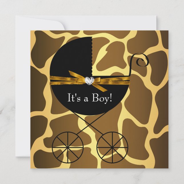 Gold Brown Carriage Boys Giraffe Baby Shower Invitation (Front)