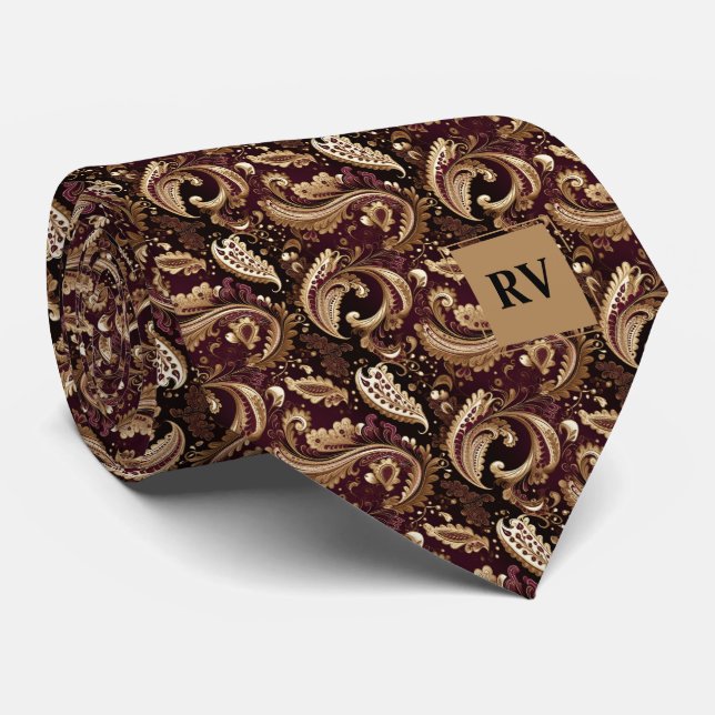 Gold & Brown Floral Paisley Pattern Tie (Rolled)
