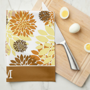 Gold Brown Flower Pattern Monogram Kitchen Towel