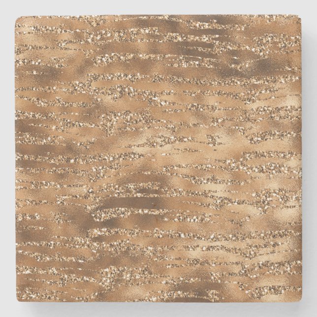 Gold Brown Glitter Stripes Stone Coaster (Front)