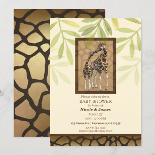 Gold Brown Kissing Giraffes Zoo Baby Shower Invitation