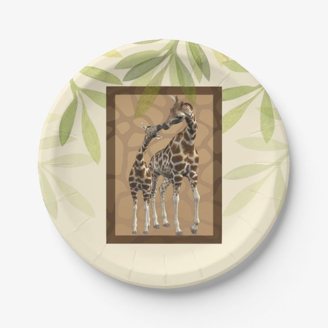 Gold Brown Kissing Giraffes Zoo Baby Shower Paper Plate (Front)