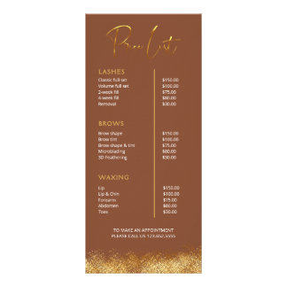 Gold & Brown Lash Tech Price List | Luxury Beauty  Rack Card