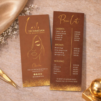 Gold & Brown Lash Tech Price List | Luxury Beauty Rack Card