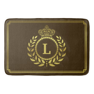Gold Brown Laurel Wreath Crown Royal Monogrammed Bath Mat