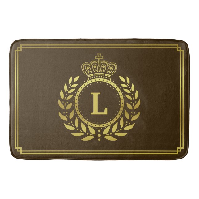 Gold Brown Laurel Wreath Crown Royal Monogrammed  Bath Mat (Front)