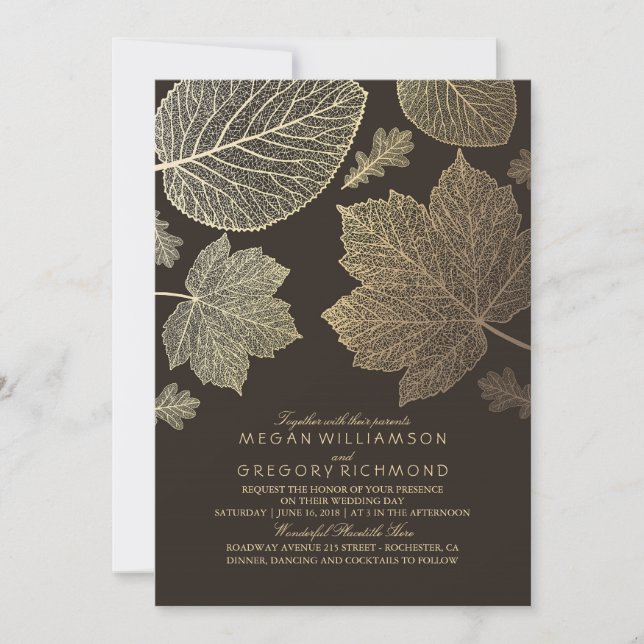 Gold Brown Leaves Vintage Fall Wedding Invitation (Front)