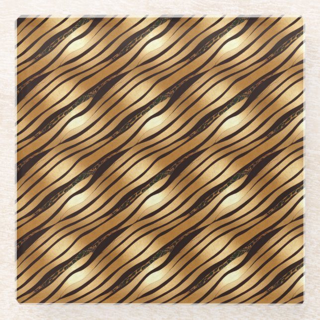Gold Brown Leopard Print Stripes Glass Coaster (Front)