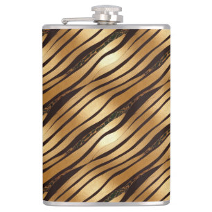 Gold Brown Leopard Print Stripes Hip Flask