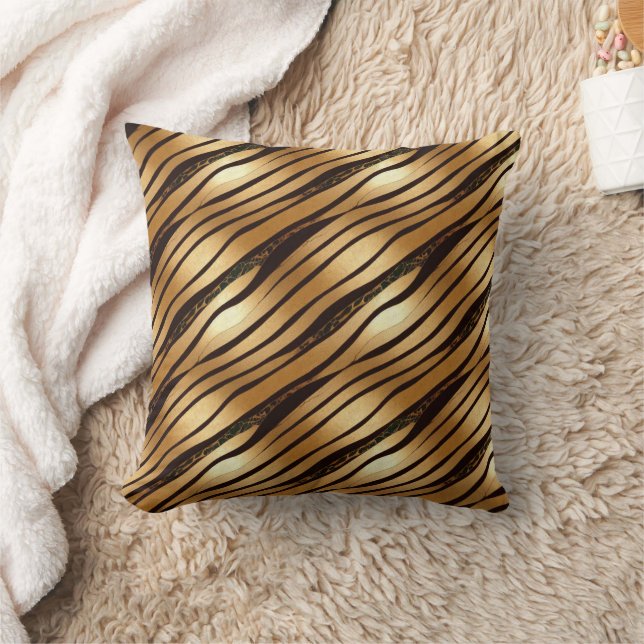 Gold Brown Leopard Print Stripes Throw Pillow (Blanket)