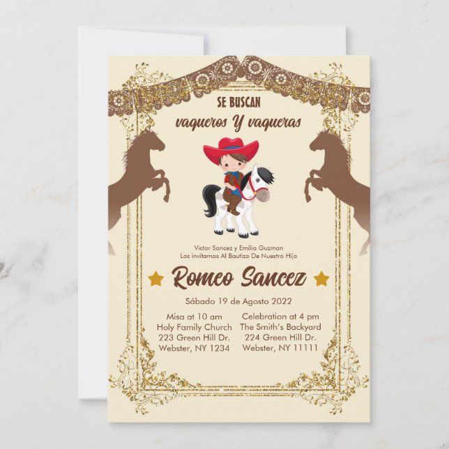 Gold Brown Mexicain Cowboy Invitation de baptême (Devant)