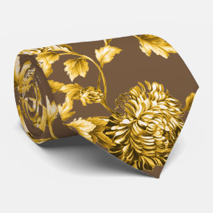 Gold & Brown Modern Vintage Botanical Floral Toile Tie