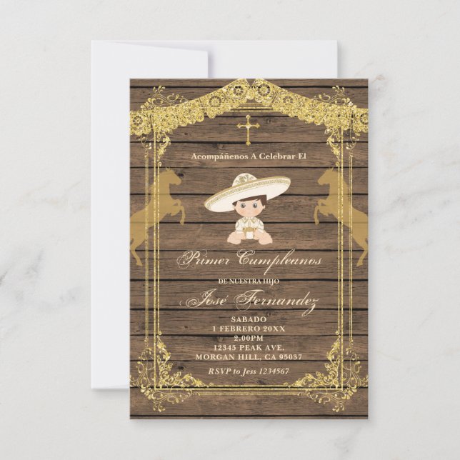 Gold Brown PRIMER CUMPLEANOS Uno Fiesta Birthday  Invitation (Front)