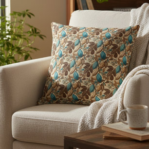 Gold Brown Turquoise Cacao Pattern Throw Pillow