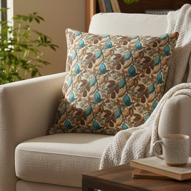 Gold Brown Turquoise Cacao Pattern Throw Pillow (Creator Uploaded)