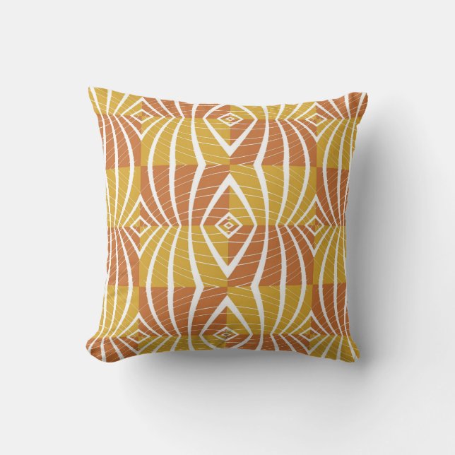 Gold Brown White Abstract Pattern Tribal Curves Throw Pillow (Front)