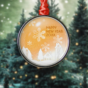 Gold Brown White Snow House Happy New Year Metal Ornament
