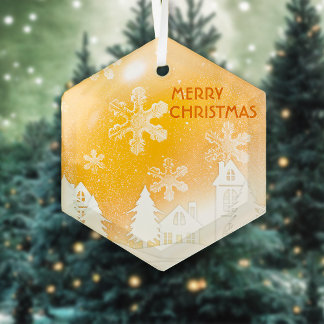 Gold Brown White Snow House Merry Christmas Glass Ornament