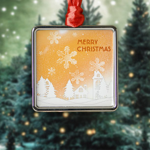 Gold Brown White Snow House Merry Christmas Metal Ornament