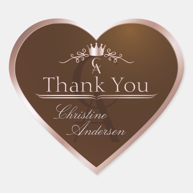 Gold Brown with Rose Gold Frame Monogram Thank You Heart Sticker (Front)