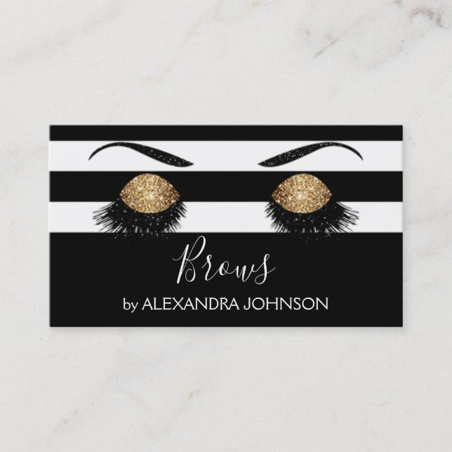 Gold Brows Sparkly with Black and White Stripe Business Card (Front)