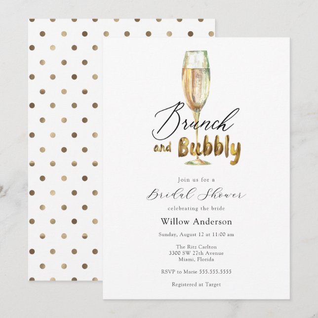 Gold Brunch and Bubbly Champagne Bridal Shower Inv Invitation (Front/Back)