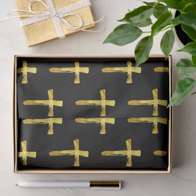 Gold Brush Cross - Christian Religious Crucifix Tissue Paper (Gift)