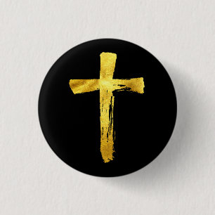 Gold Brush Cross - Modern Bold Artistic Crucifix 1 Inch Round Button