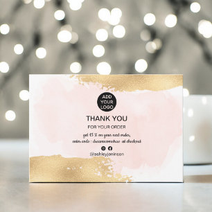 Gold brush pink watercolor logo order thank you card