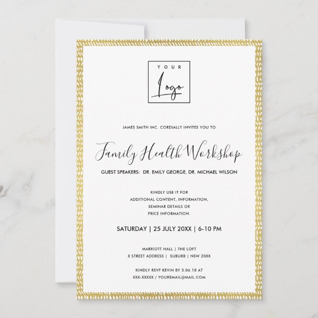 GOLD BRUSH RAIN STROKE YOUR LOGO WORKSHOP EVENT INVITATION (Front)