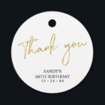Gold Brush Script Birthday Party Thank you Favour Tags<br><div class="desc">This simple custom thank you sticker will add stylish detail to your special day. This design features modern gold script lettering " Thank you" with custom text. Matching milestone birthday invitations and party supplies are available in my shop BaraBomDesign.</div>