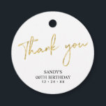Gold Brush Script Birthday Party Thank you Favour Tags<br><div class="desc">This simple custom thank you sticker will add stylish detail to your special day. This design features modern gold script lettering " Thank you" with custom text. Matching milestone birthday invitations and party supplies are available in my shop BaraBomDesign.</div>