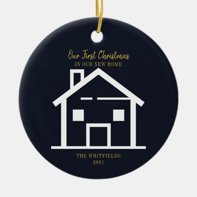 Gold Brush Script First Christmas Holiday New Home Ceramic Ornament (Front)
