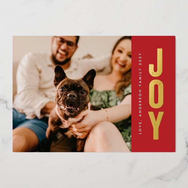 Gold Brush Stamped JOY on Christmas Red Photo Foil Holiday Card (Front)