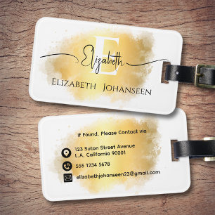 Gold Brush Stroke Elegant Monogram Black Script Luggage Tag