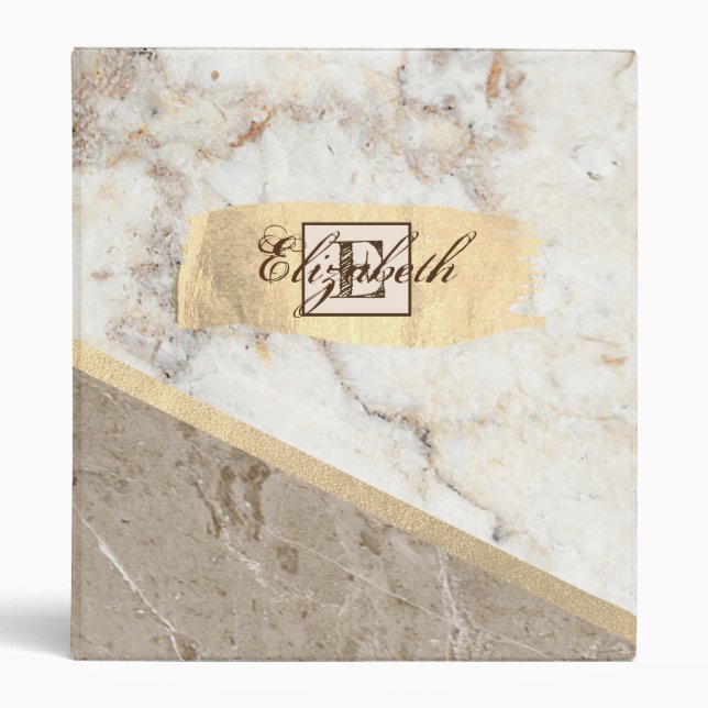 Gold Brush Stroke,Marble, Monogram -Personalized Binder (Front)