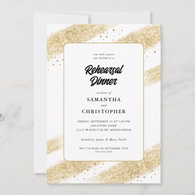Gold Brush Strokes Wedding Rehearsal Dinner Invitation (Front)