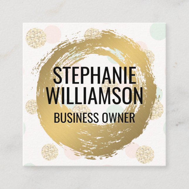 Gold Brushed | Chic Glitter Polka Dot Pattern Square Business Card (Front)
